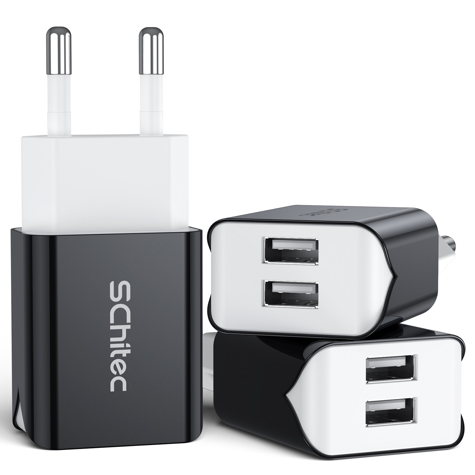 Schitec Dual USB Charger EU Plug Quick Charge 2.1A Wall Charger Max Mobile Phone Charging Mini Adapter Travel Charger for iPhone: EU 5V2.1A Black 3Pcs