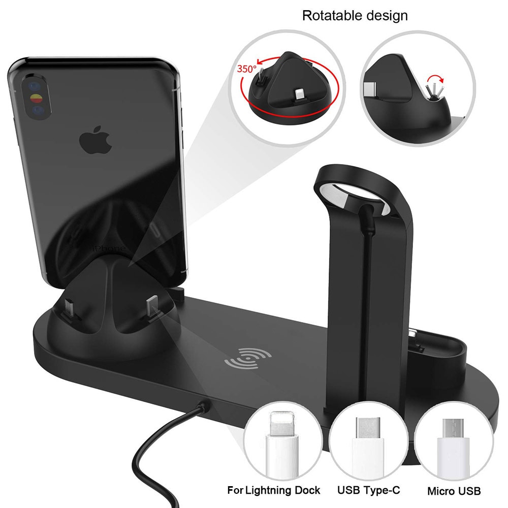 Carregador sem fio rápido qi 6 em 1, 10w, para iphone 11 x xs max xr 8 7 6 plus doca de carregamento para airpods pro, apple watch