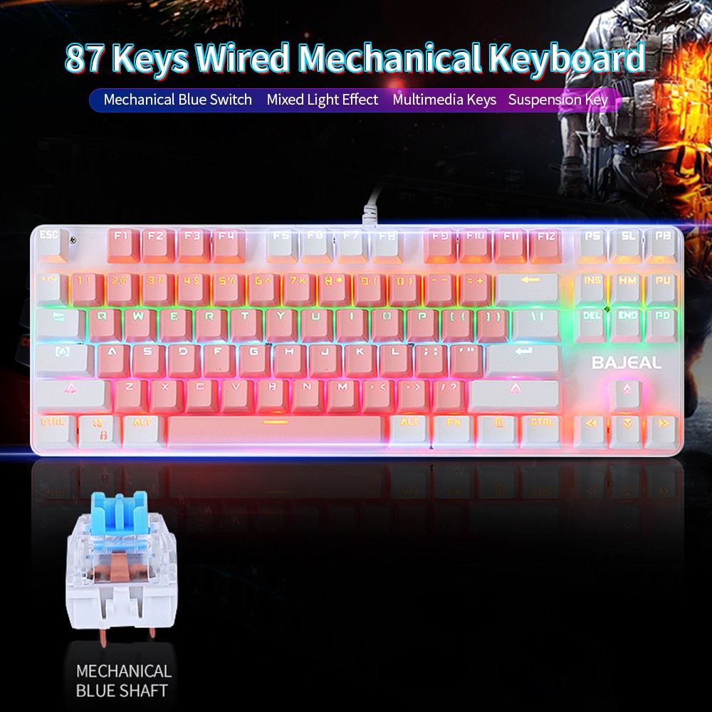 BAJEAL K100 87 Keys Wired Gaming Mechanical Keyboard Mixed Light Mechanical Keyboard with Blue Switch Suspension Button For PC