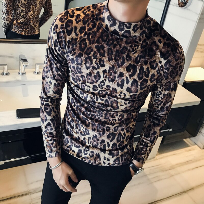 Leopard t-shirt vinter herr & #39 #39 herr toppar smal höghalsad t-shirt långärmad herr t-shirt camiseta