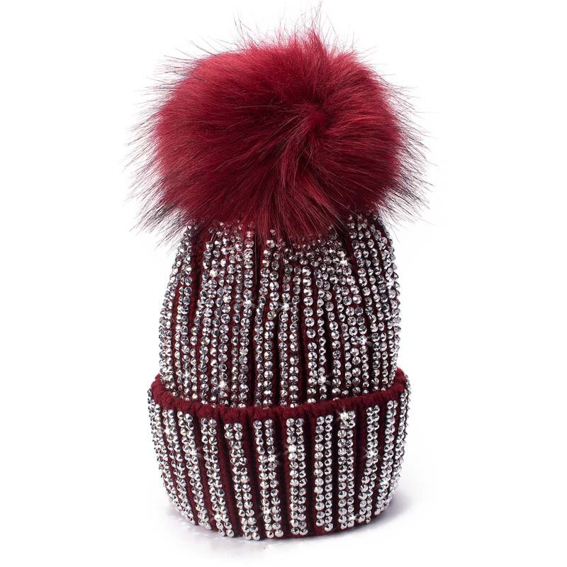 Lawliet Winter Hats Faux Fur Pom Pom Rhinestone Bling Style Women Beanies Warm Knitted Hat Ladies Skull Cap A469: Wine