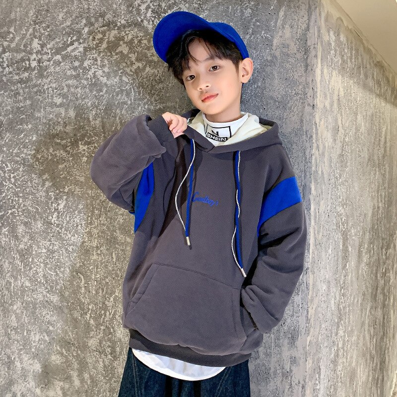 Dzieci jesień zima ciepłe najniższe topy dzieci chłopcy moda tendencja bluza z kapturem nastolatek plus aksamitna watowana bluza ubrania