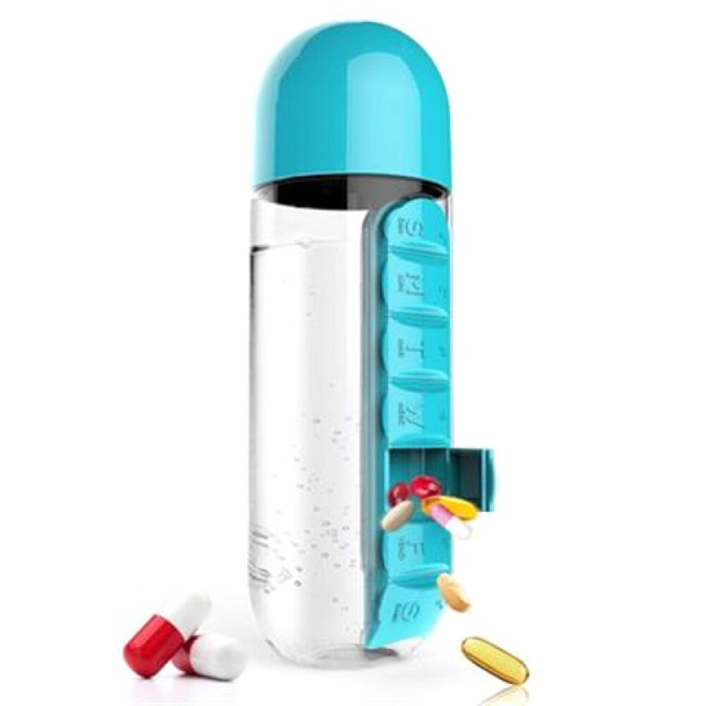 600ml 2 in 1 daglig pilleæske vandflaske rejsepille arrangør drikke kopper medicinbeholder boks stor kapacitet: Blå