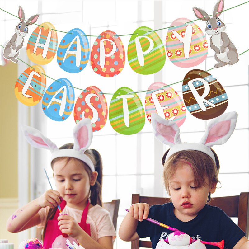 1set Happy Easter Banner Bunny Rabbit Egg Paper Bunting Garland Flag Easter Home Wall Hanging Decoration Festival Party Supplies