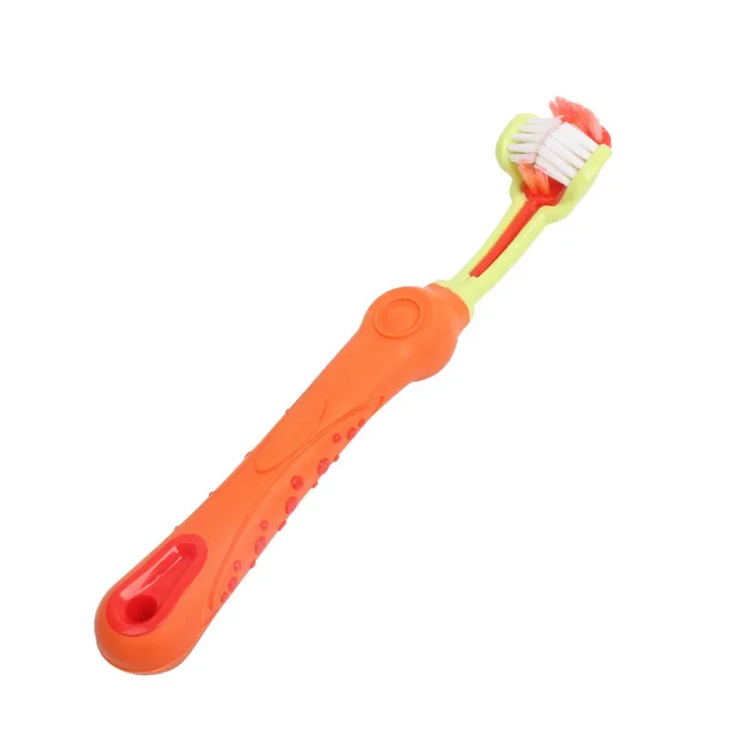 Cepillo de dientes de tres caras para mascotas, cepillo de dientes multiángulo de tres cabezales, cepillo de limpieza para perros y gatos, herramienta para el cuidado de los dientes con mal aliento Т®kıы: naranja