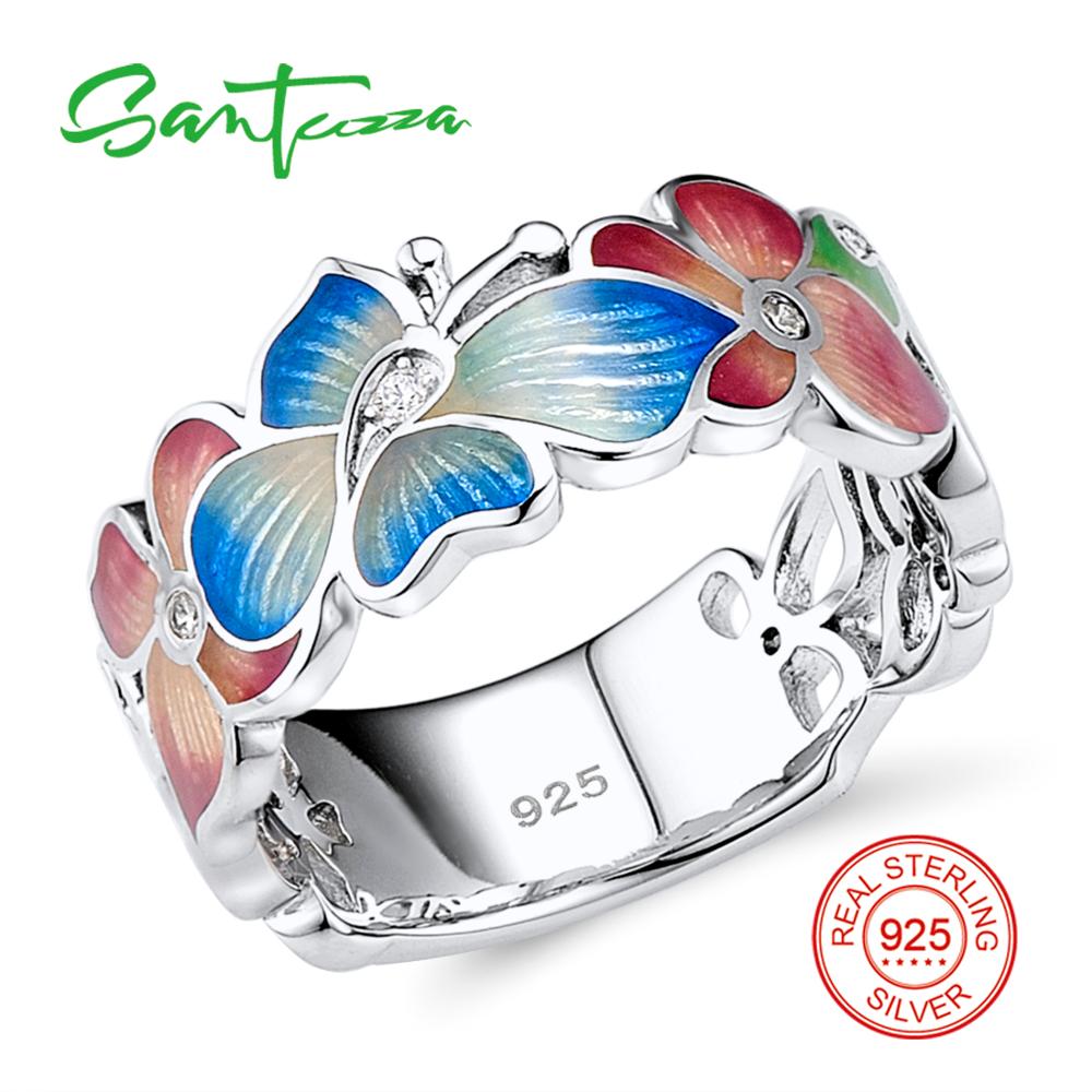 SANTUZZA Silver Ring For Women 925 Sterling Silver Flower Rings for Women Cubic Zirconia Ringen Party Jewelry Enamel