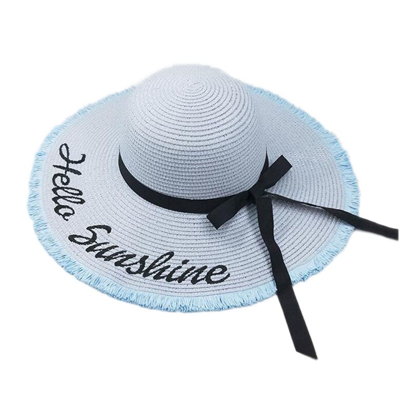 summer Hello Sunshine Sequin letter wide brim sun hats for women Beach vacation girls straw hat