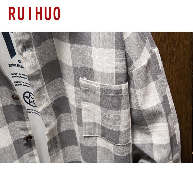 Ruihuo våren casual langermet rutete skjorte herre slim fit bomull herre skjorte japan stil herre klær merke topper m -5xl