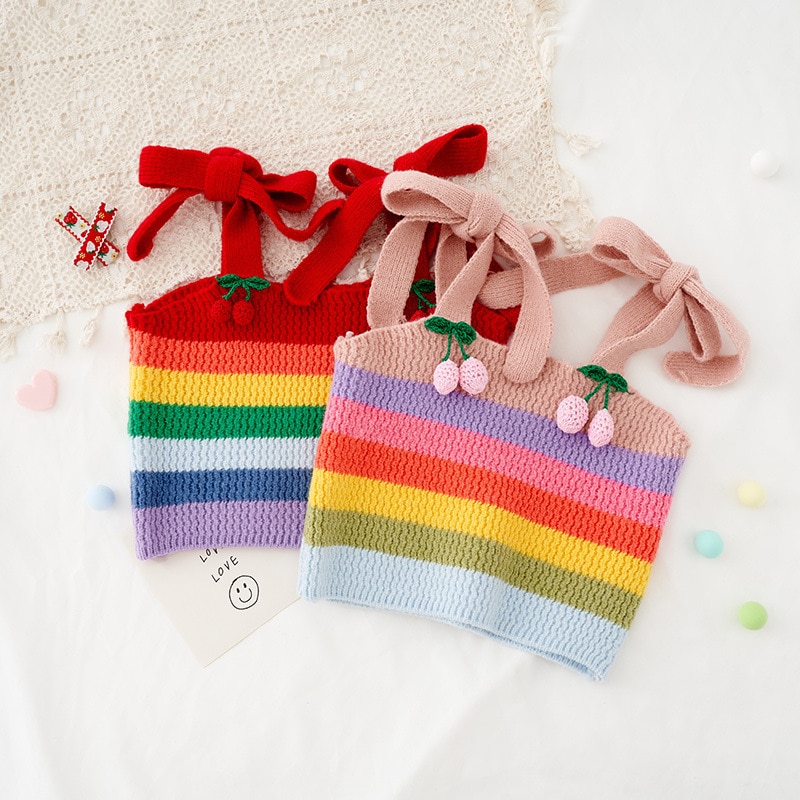 Småbørn børn baby piger regnbue kirsebær sweater sød lille slynge strikket vest piger efterårs kostumer børn outwear vest 1-9y