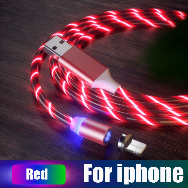 Lasaie Bunte Fließende Licht LED Magnetische Kabel Mikro USB Typ C Kabel Schnelle Ladung Magnetische Ladegerät Kabel für iPhone Xiaomi: rot Pro iphone / 2m