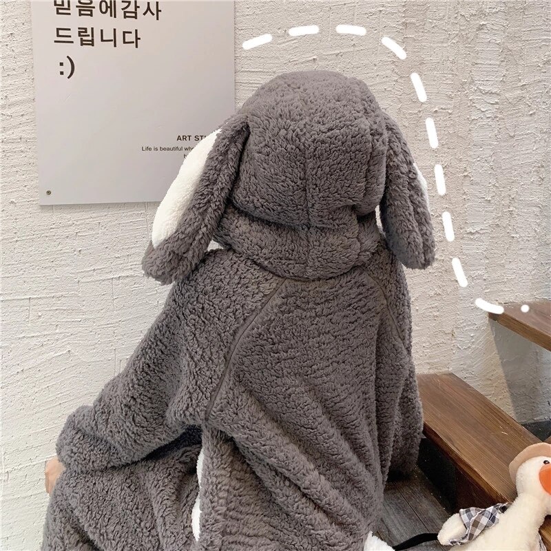 Cute Flannel Stitch Pajamas Winter Plus Velvet Warm Onesie Women&#39;s Sleepwear Unisex Rabbit Loose Thick Plush Hooded Homewear