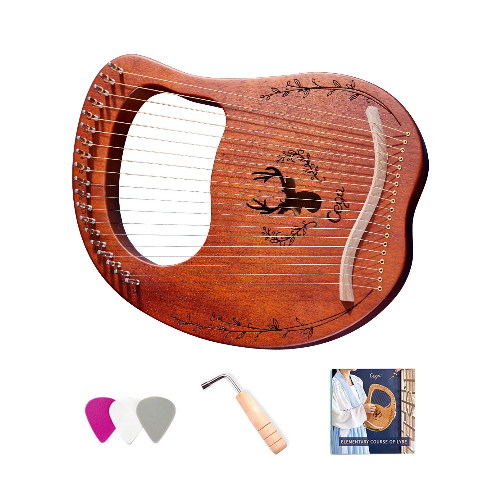 19-- strängad trä lyra harpa resonanslåda stränginstrument med stämnyckel 3 st hackor