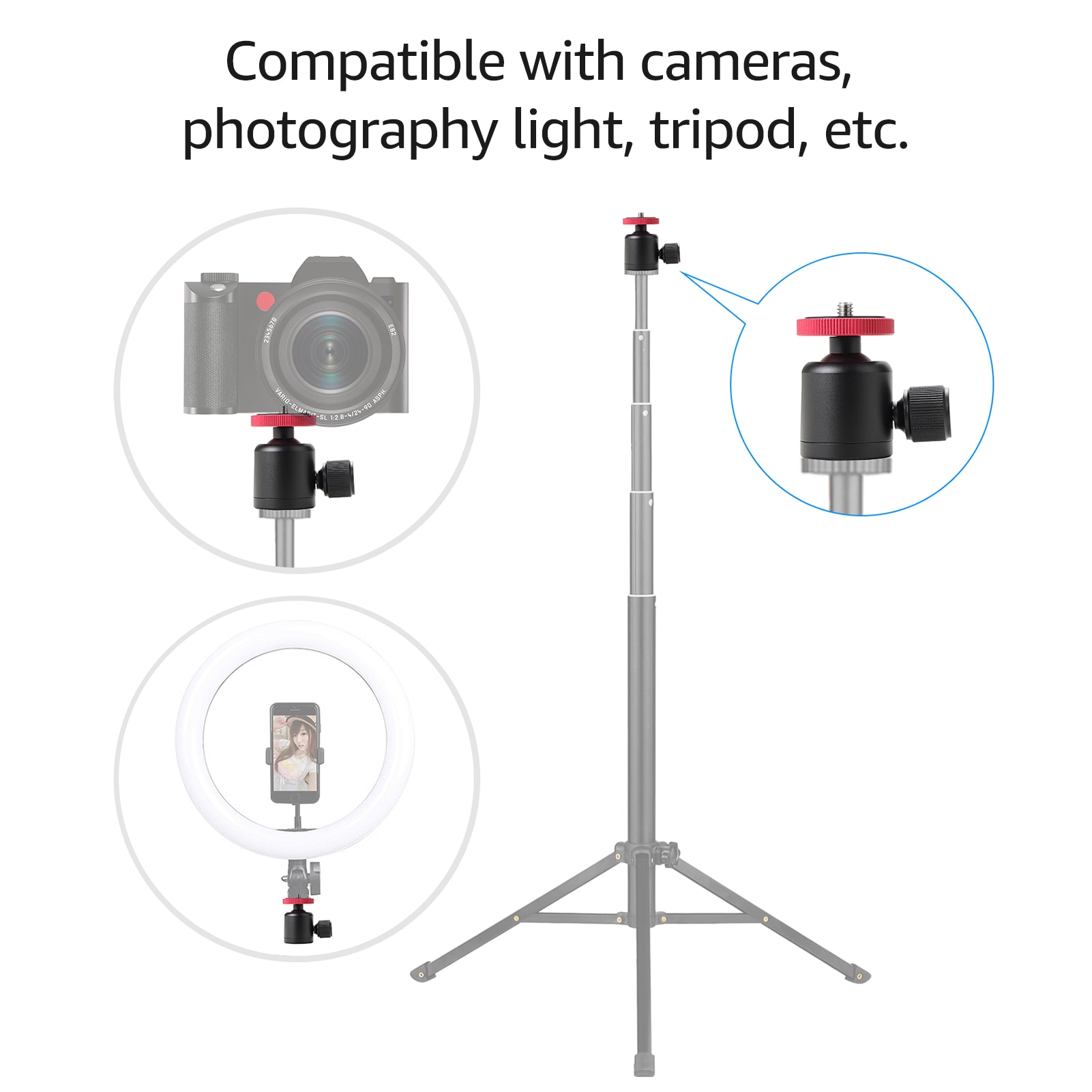 Mini Ball Head Rotatable Ball Head Photography Accessory Replacement with 3/8 1/4 Inch Screw Hole for Camera Camcorder Light