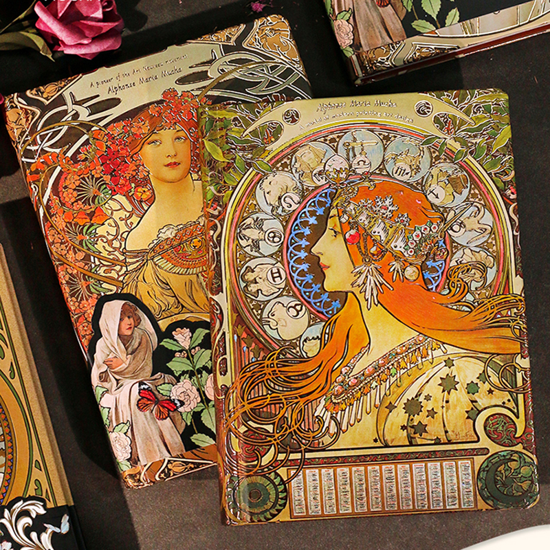 Mucha's Famous Painting Series Retro Hardcover Notebooks Classic Color Page Illustration B6 Diary Student Notepad