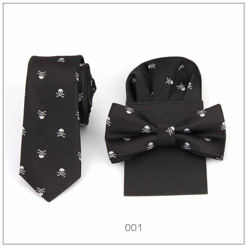 Men's tie bow tie handkerchief set skull hanky pocket square polyester bowknot butterfly wedding bowtie necktie prefold hankies: 1