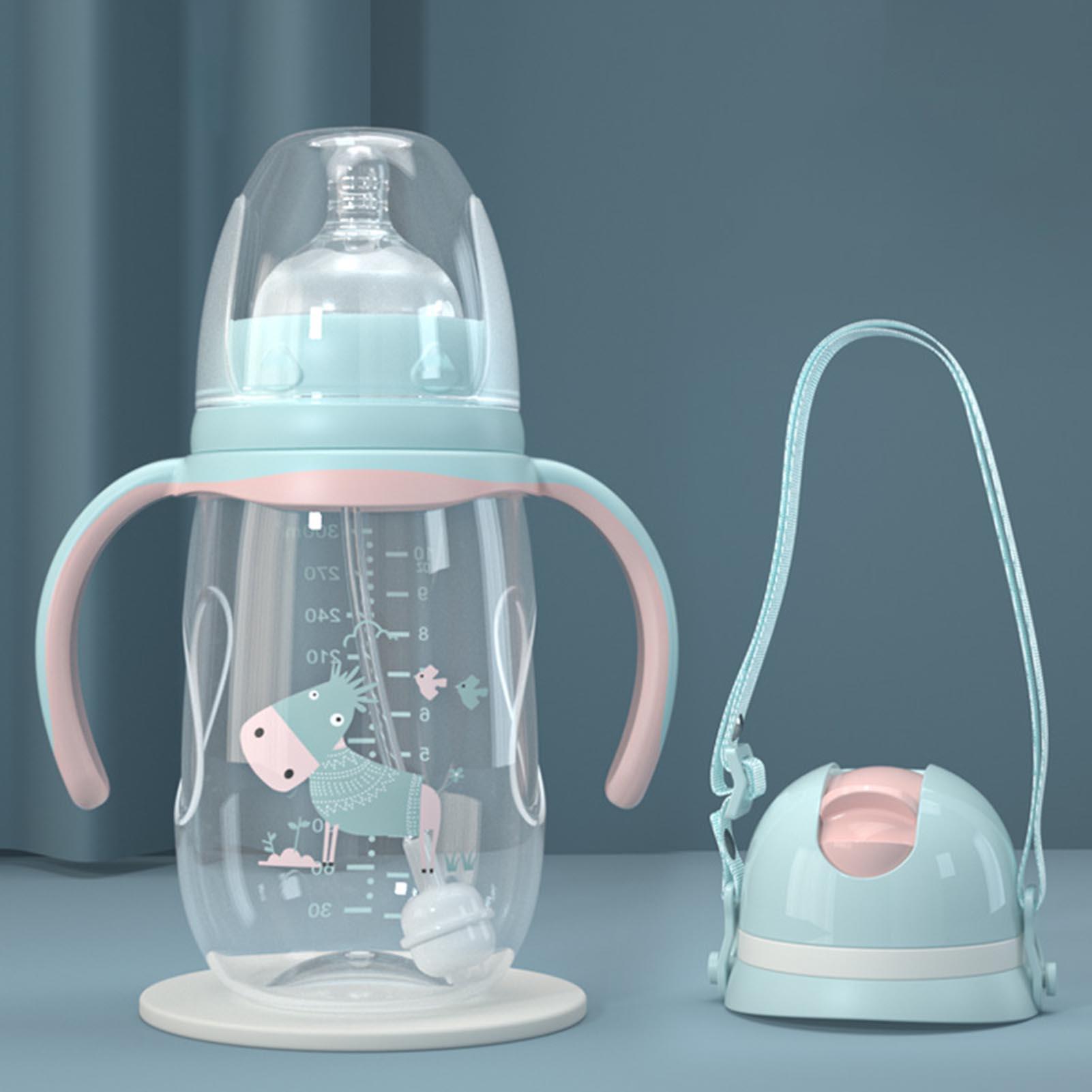 240ml/300ml Infant -proof Baby Wide-caliber Milk Bottle with Straw Handle Cute baby bottles with cartoon designs with Straw