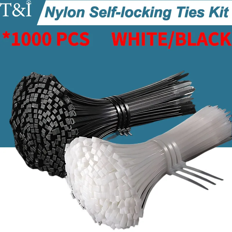 Brida de nailon autoblocante para cables, bridas de plástico Blanco/Negro, resistente a altas temperaturas, 1000 piezas