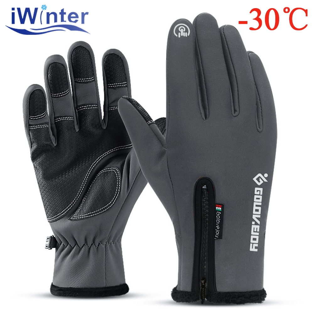 Winter Waterproof Men's Gloves Touch Screen Anti-Slip Zipper Cold-proof Gloves Women Riding Skiing Warm Thicken Fluff Gloves