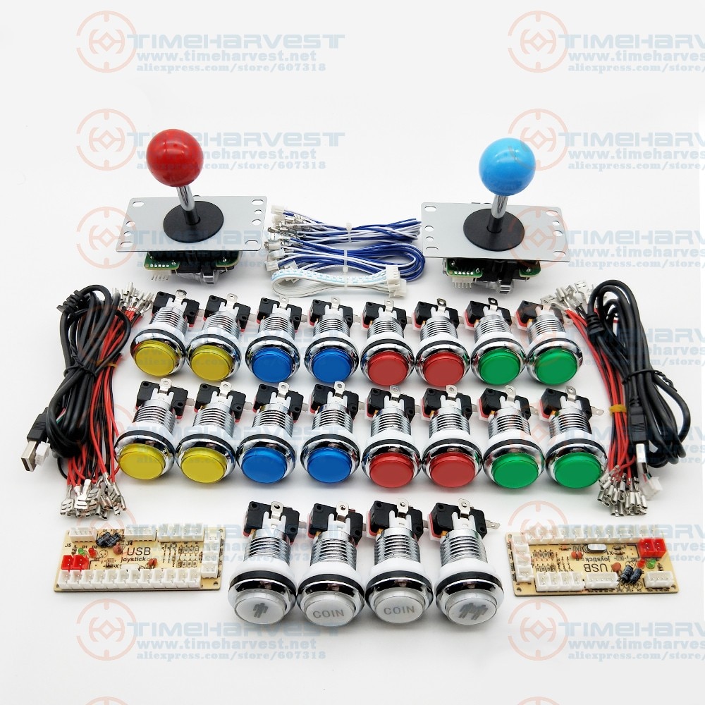 Nollfördröjning arkadskåp diy kit för 5v led krom tryckknapp sanwa joystick 1 & 2 spelare myntknapp usb till pc / hallon pi