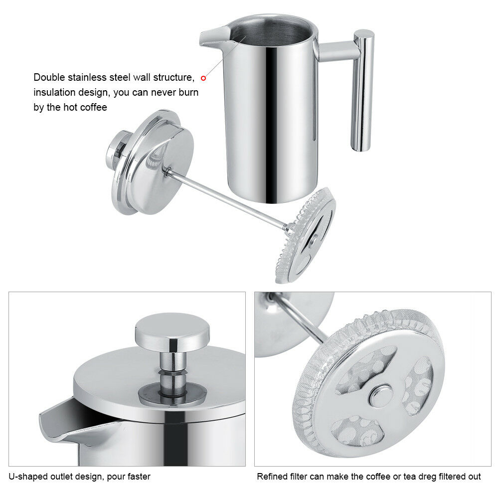 Insulated French Coffee Press Maker Pot 1000ml Double Wall Stainless Steel