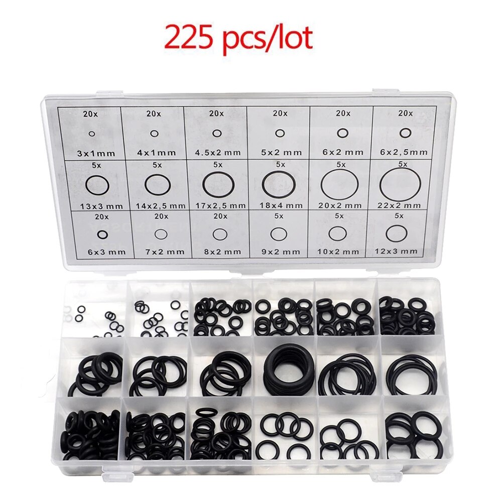 225 Stks/partij Zwart Rubber O Ring Assortiment Washer Pakking Afdichting O-Ring Kit 18 Maten Met Plastic Doos