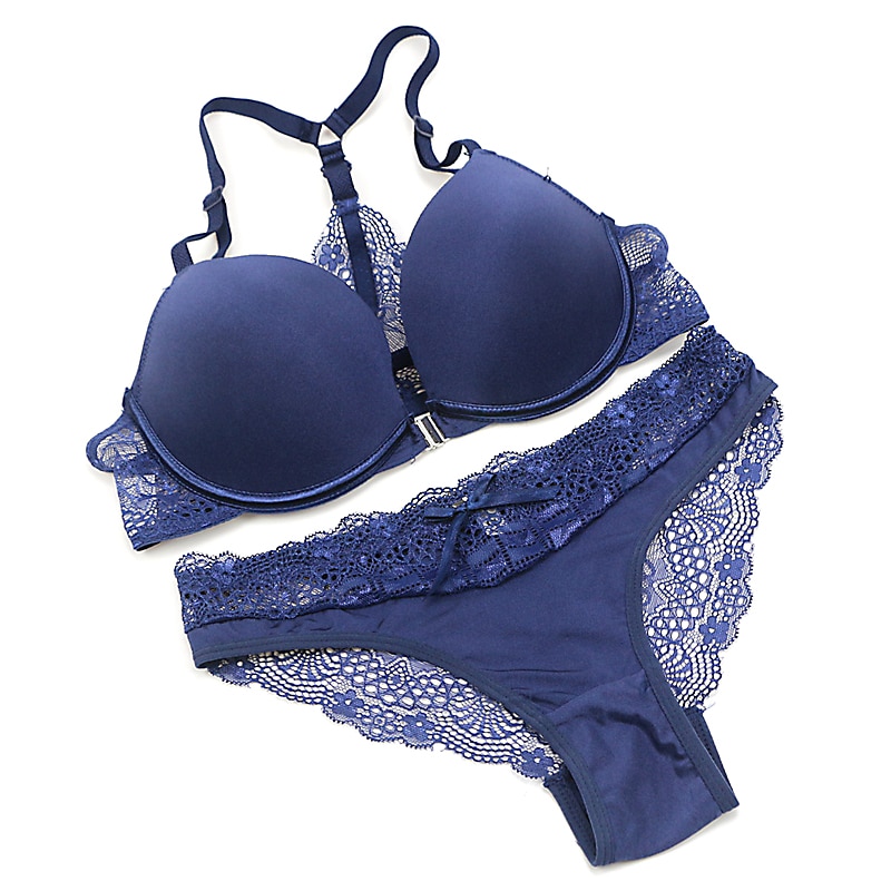 Nowa moda Bralette seksowna bielizna bezszwowe komplety biustonoszy push-up zapinane z przodu cukierkowa kolorowa bielizna damska mały rozmiar biustonosza: Niebieski / 85c