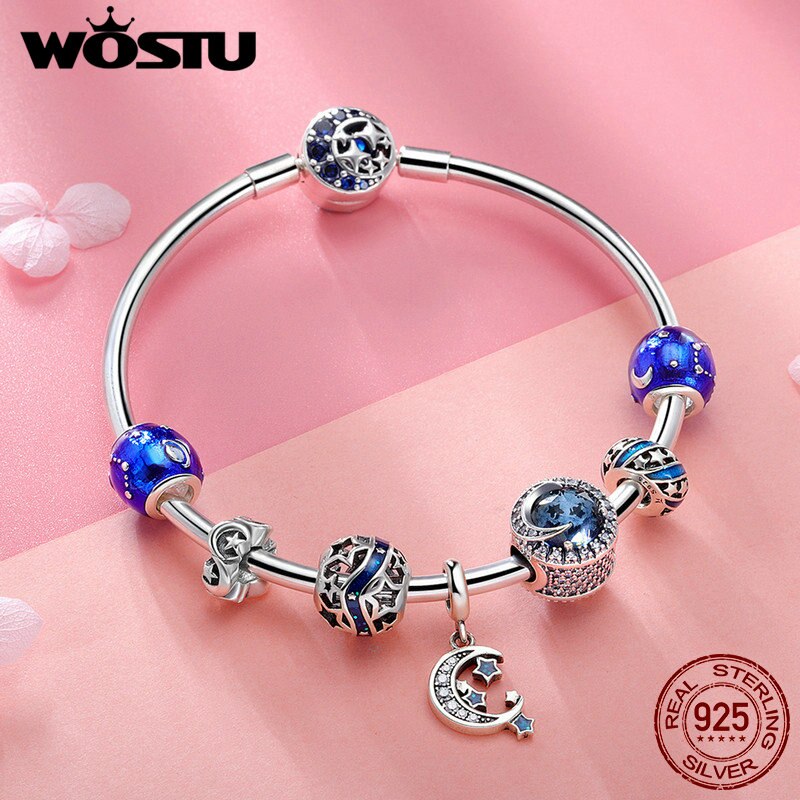 Wostu authentic 925 prata esterlina lua & estrelas céu azul charme pulseira para mulheres original moda jóias amante presente cqb080