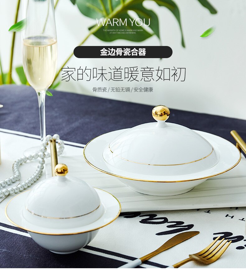 Ceramic Porcelain Plate Home Style Stew Cup With Cover Nordic Dish Plate Soup Cup Ceramic Net Red Plate