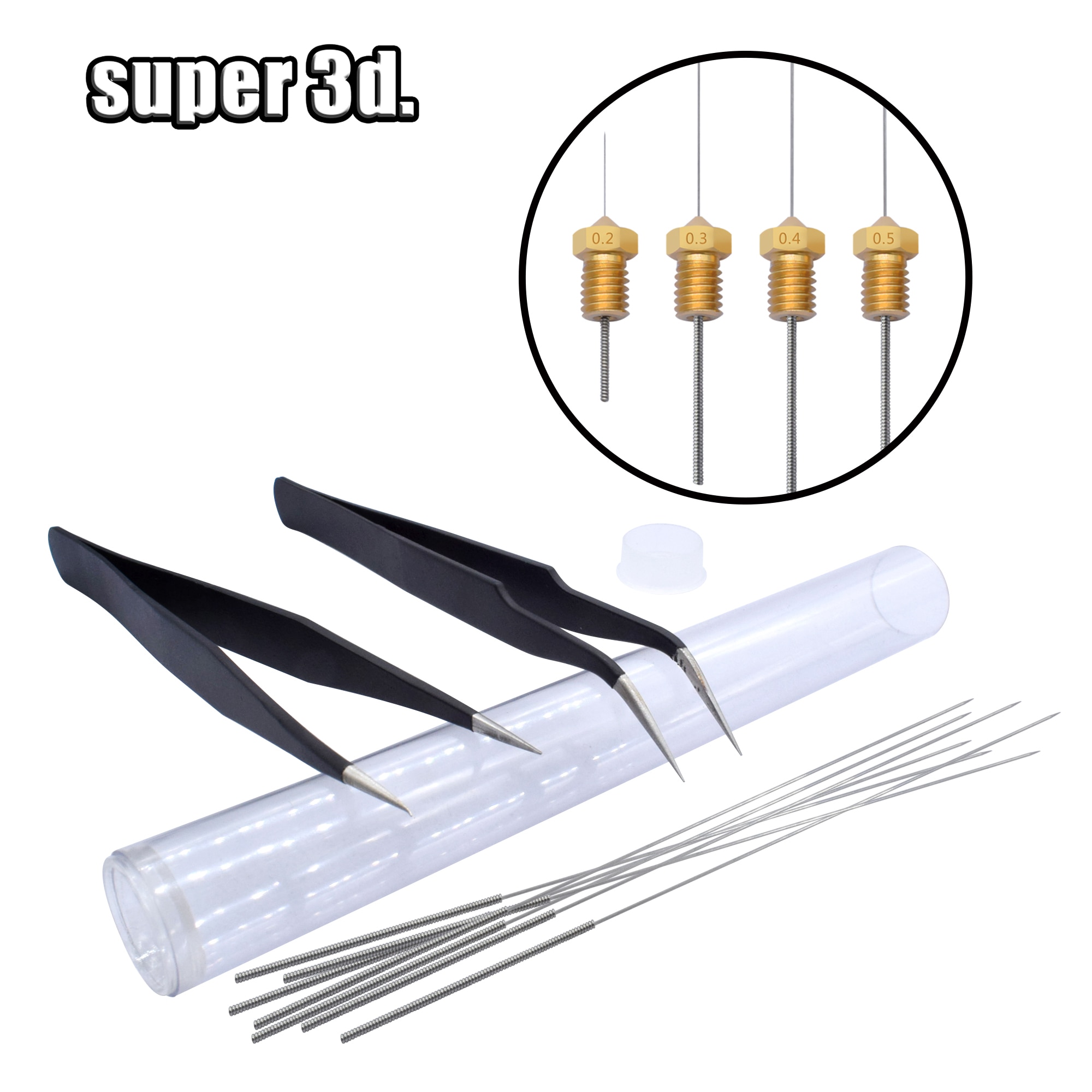 3D Printer Tool Set Nozzle Cleaner Boor 0.2 Mm 0.3 Mm 0.4 Mm 0.5mmm Roestvrijstalen Naald/Pincet accessoires