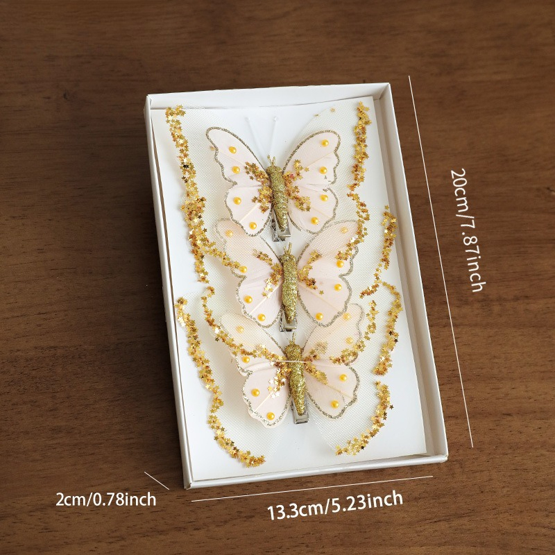 Christmas Decoration Double Layer Butterfly Christmas Tree Clip Hanging Decoration Sparkling Pink Hollow Pendant Decoration: Fluorescence Yellow