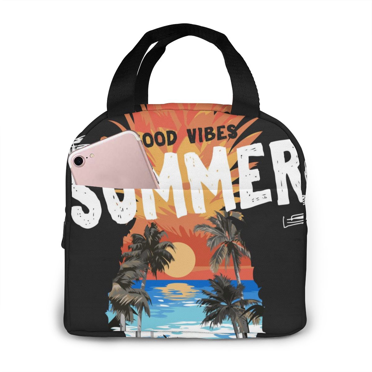 Gold Pineapple Pattern Lunch Bag Portable Insulated Thermal Cooler Bento Lunch Box Tote Picnic Storage Bag Pouch: Black 9