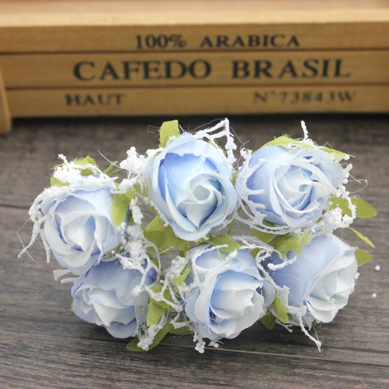 6 stk 2cm silke kunstig rose blomsterbukett til bryllupsdekorasjon scrapbooking dekorativ krans diy håndverk blomst: Blå