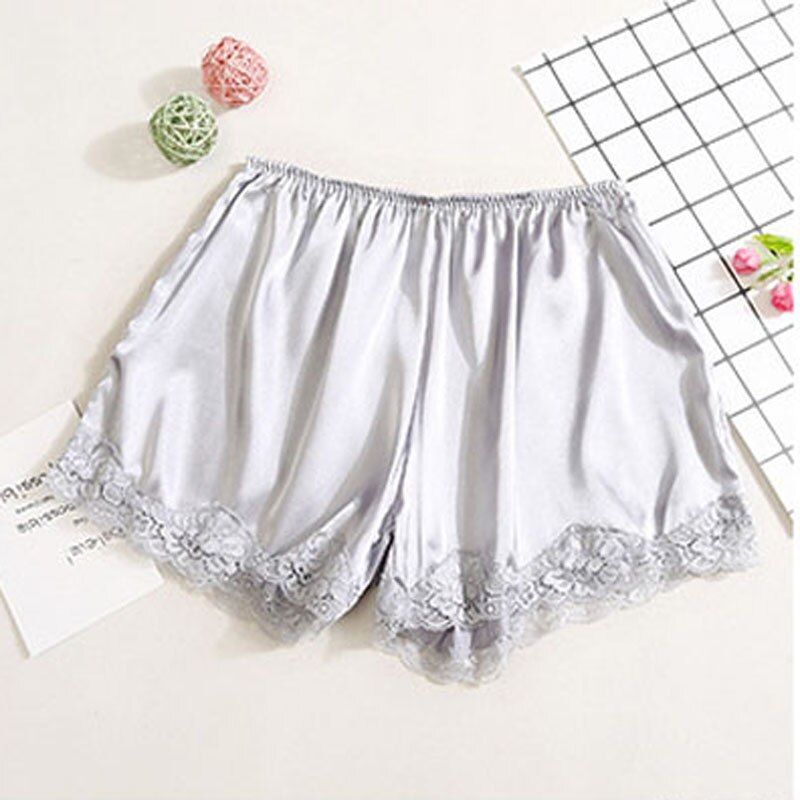 Satin Kitten Silky Elastic Waist Women Men Home Sleep Tracksuit Bottom Short Pants Pajama Nightwear Shorts: silver-lace