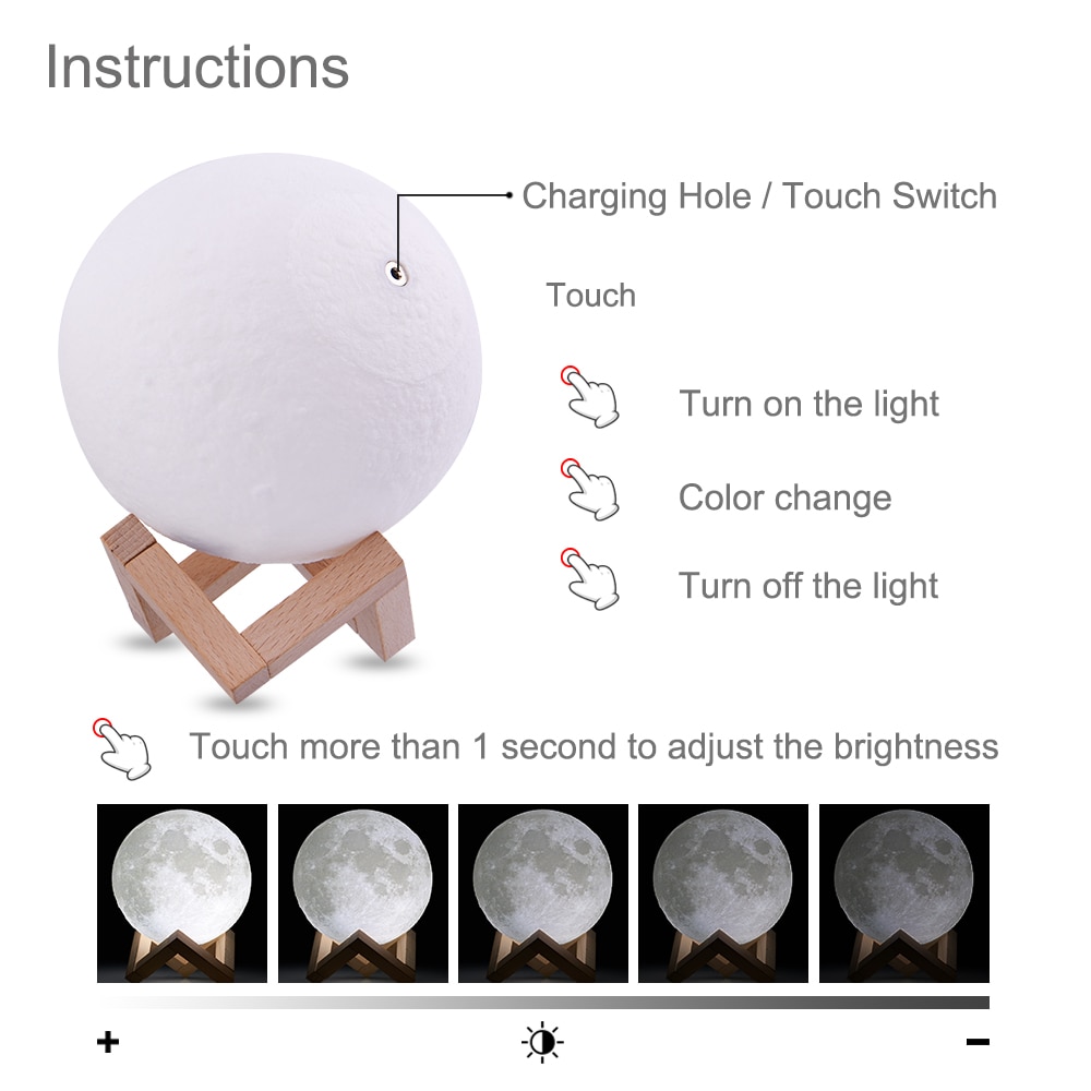 Rambery Maan Lamp 3D Print Nachtlampje Oplaadbare 3 Kleur Kraan Controle Lamp Verlichting 16 Kleuren Veranderen Afstandsbediening Led Maan licht