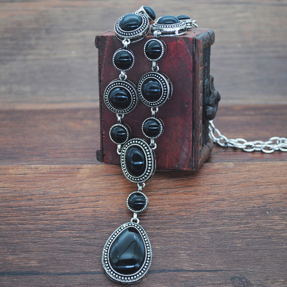 Turquoise ketting waterdruppelvormige blauwe stenen hanger vrouwen Vintage Tibetaans zilveren instelling zwarte stenen sieraden cadeau: Rood-Bruin
