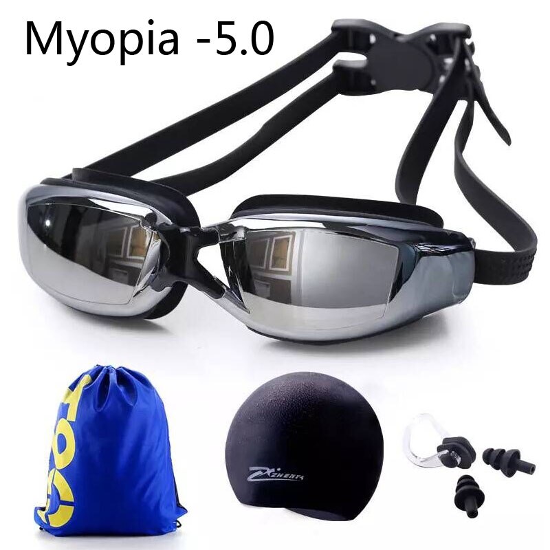 Närsynthet simglasögon dioptri vuxna anti-fog dykglasögon män kvinnor recept vattentät silikon pool simglasögon: Svart närsynthet  -5.0