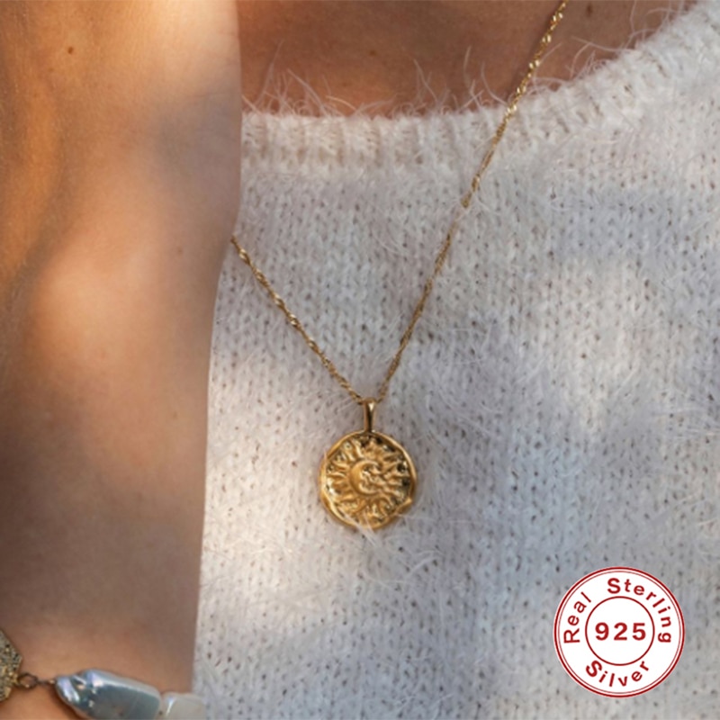 S925 Collares in argento Sterling INS Sun Moon collana con ciondolo per donna donna multistrato clavicola catena collane gioielli raffinati