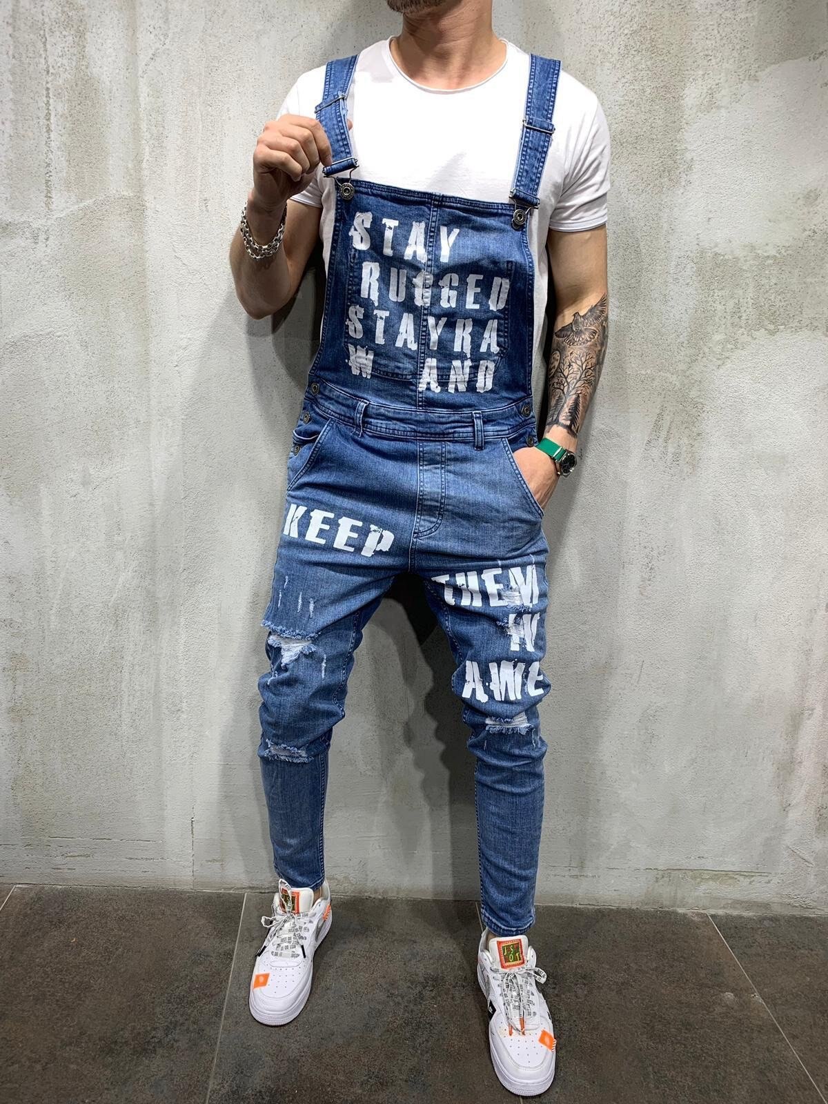 Hiphop heren gescheurde jeans denim tuinbroek met bretels voor heren s-xxxl: Xl / Donkerblauw