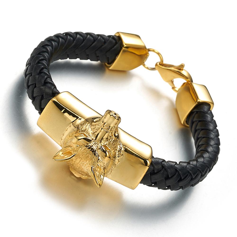Vintage bijoux hommes garçons argent/or acier inoxydable breloque Animal loup tête Bracelet en cuir noir Bracelet Bracelet 15mm * 21cm