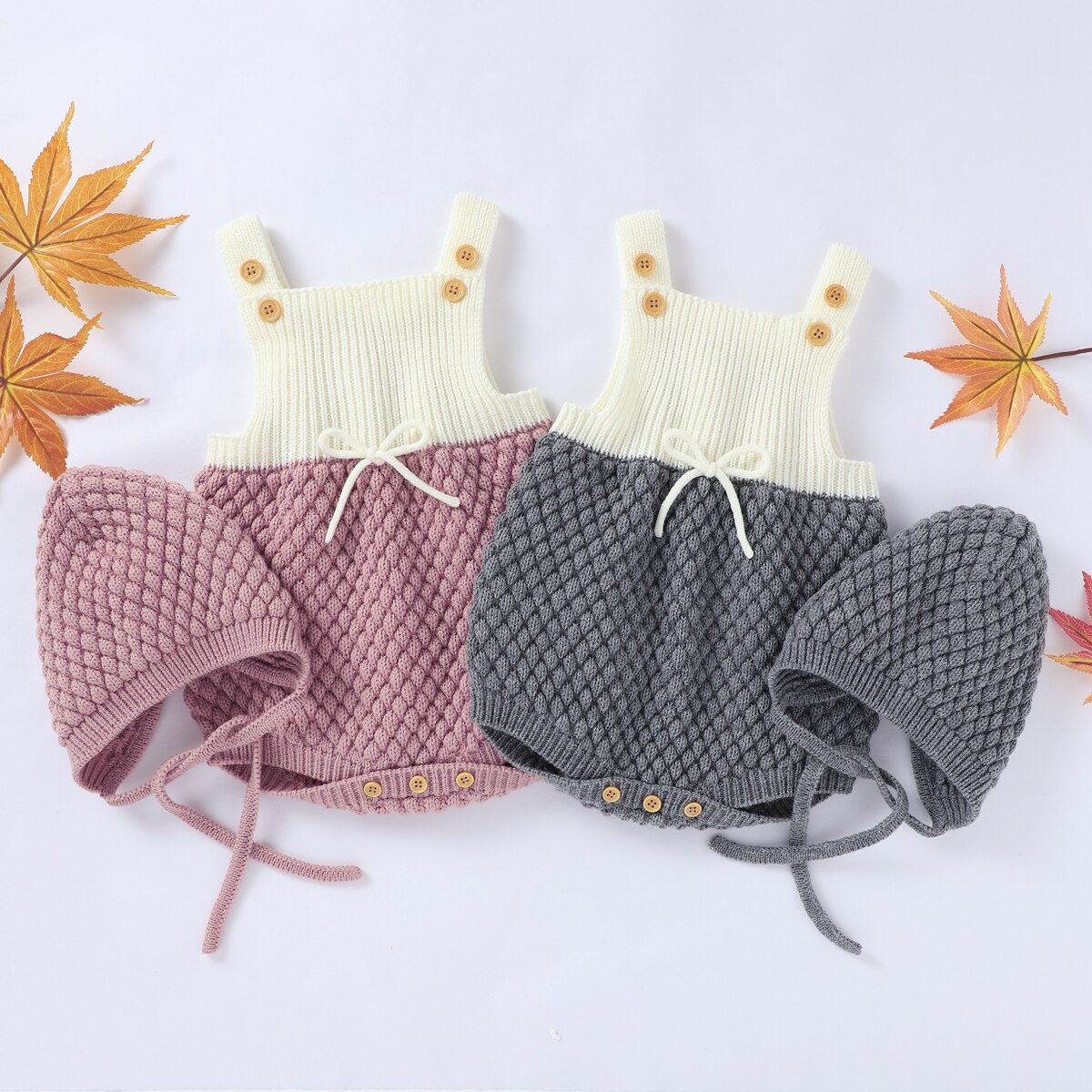 Focusnorm 0-24M Nieuw Baby Meisjes Jongens Rompertjes Hoeden Knit Patchwork Mouwloze Jumpsuits Trui 4 Kleuren