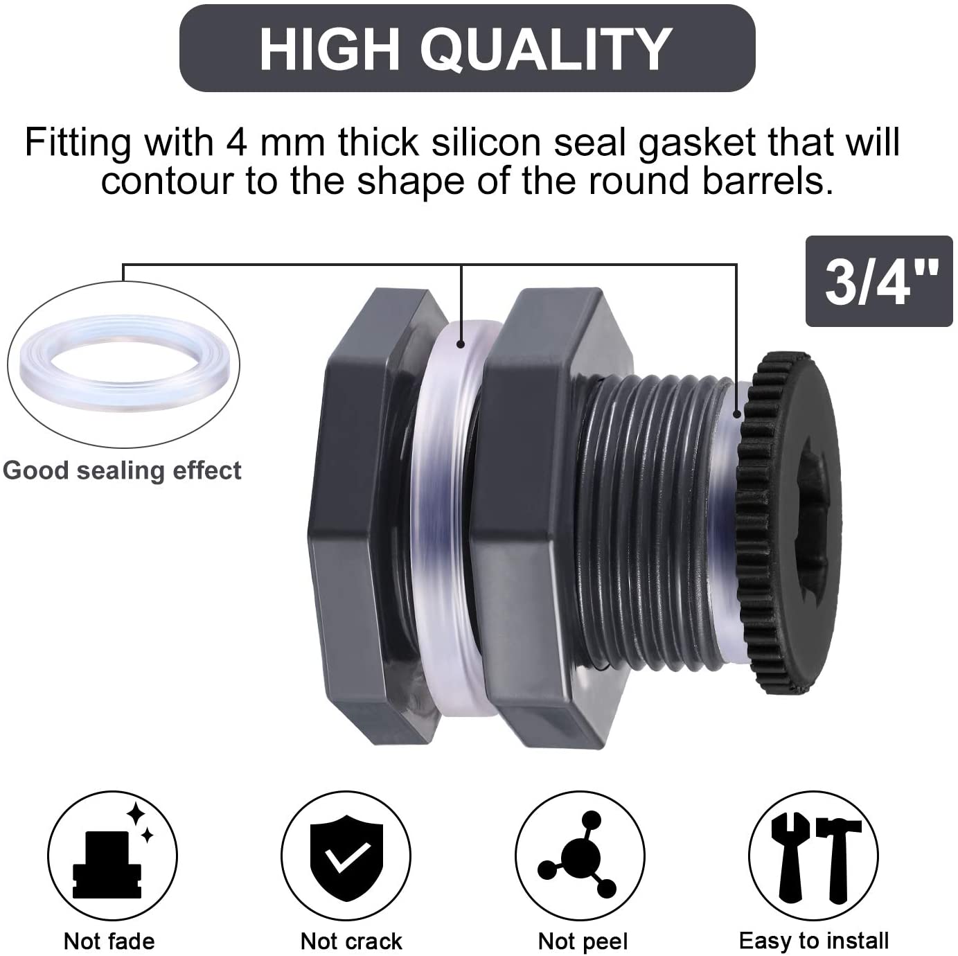 2 Pcs PVC Bulkhead Fitting with Plugs for Rain Barrels,Water Tanks, Tubs, Pools (3/4 Inch+4 mm Thick Silicon Seal Gaskett)