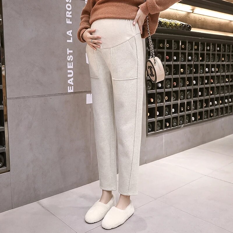 Autumn Winter Thicken Warm Woolen Maternity Pants Belly Straight Loose Pants Clothes for Pregnant Women Pregnancy Trousers