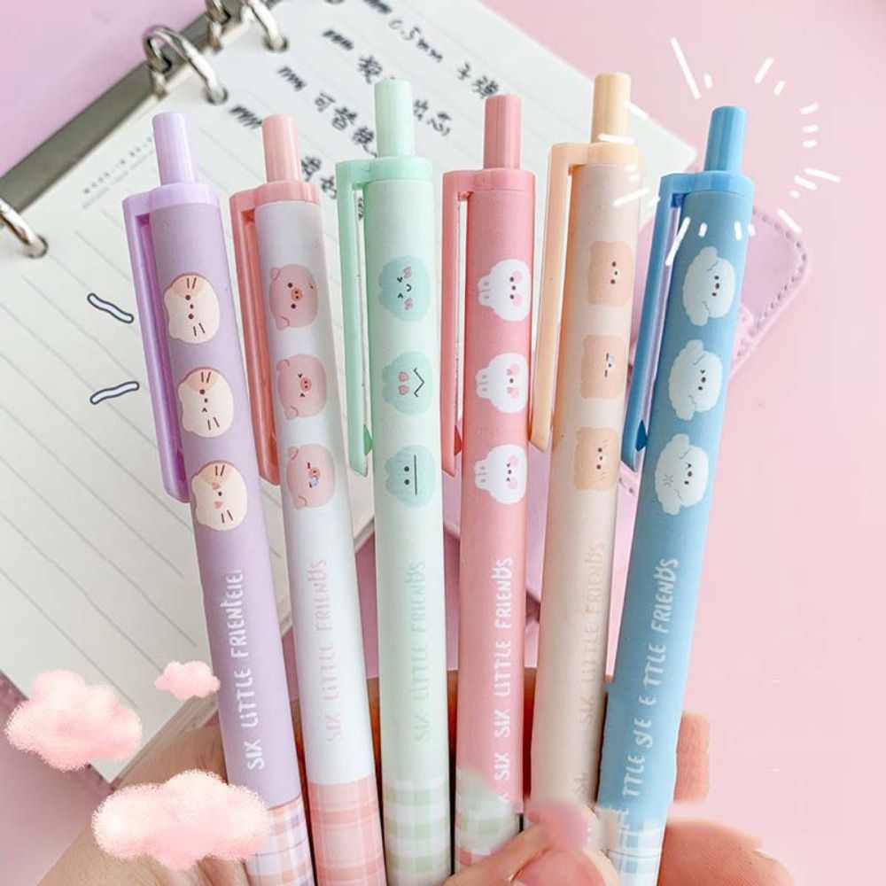 6PCS/SET Stationery Writing Tools Learning Office Supplies Cartoon Press Type Ballpoint Pen Rollerball Pen Gel Pens