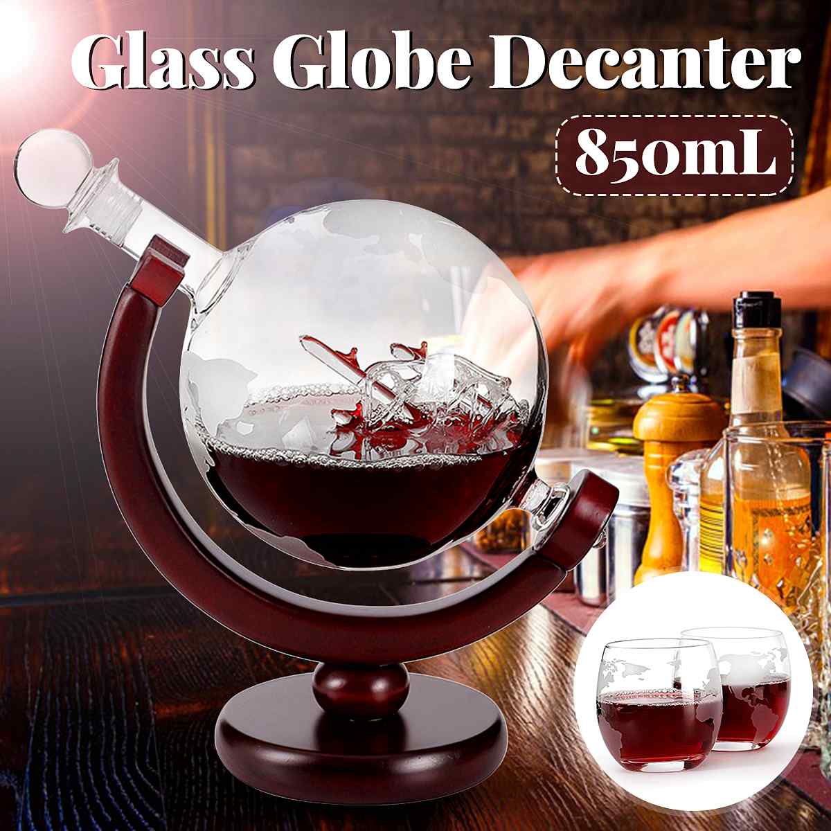850Ml Whisky Karaf Antieke Whiskey Wijn Brandy Dispenser Schenker Beluchter Globe Glazen Karaf Met Hout Stand Thuis Bar Decor