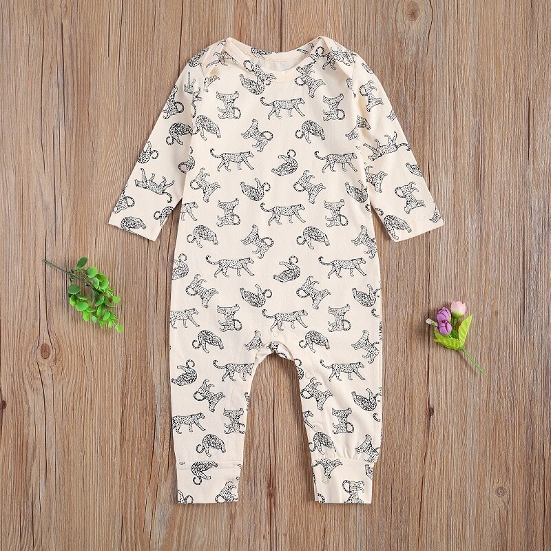 Criança do bebê meninos meninas gola redonda macacão terno bebê manga longa uma peça playsuits leopardo impressão macacões