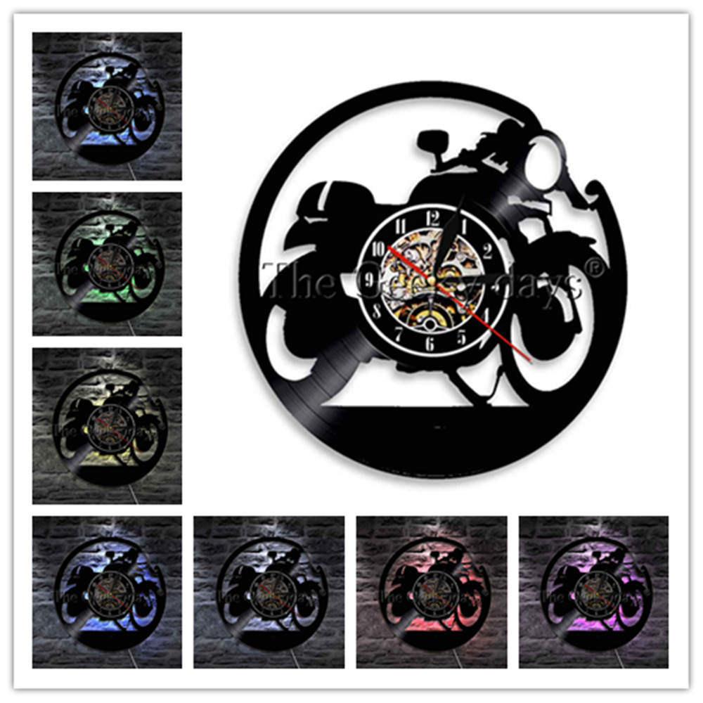 Reloj de pared Cafe Racer clásico de motocicleta Vintage Reloj de pared de vinilo de registro reloj de moto Arte de la pared Decoración motociclista corredor de: Black / 12 Inch With LED