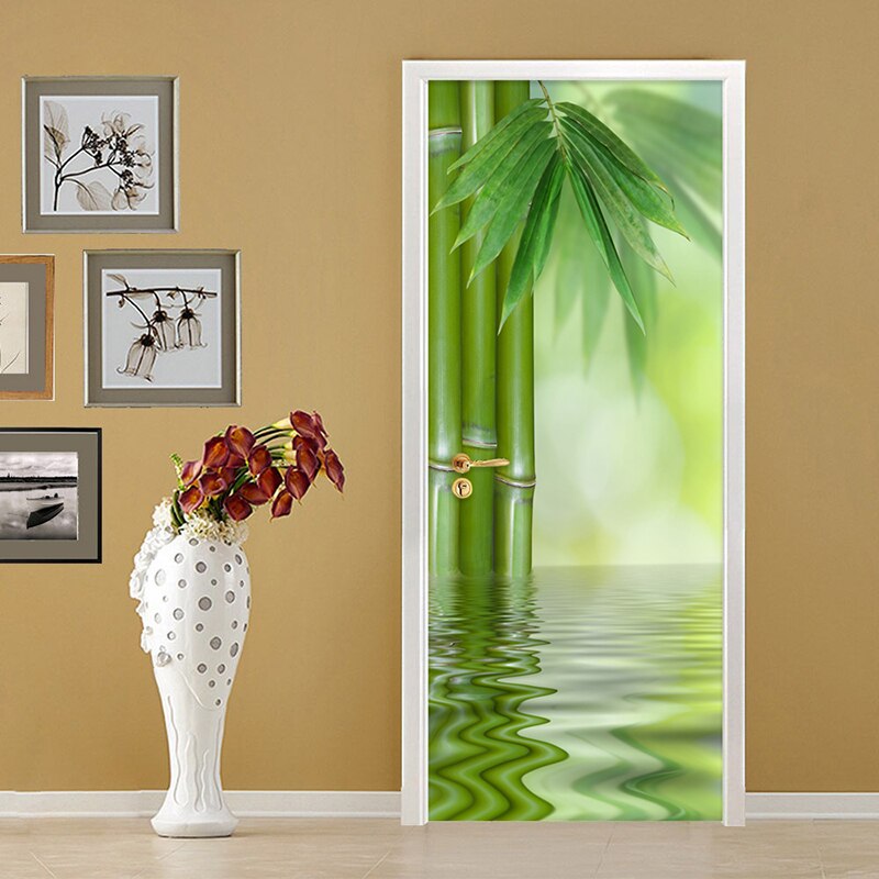 2 piezas/set diy 3d pegatinas de pared para puerta estilo chino, papel tapiz de bambú verde, decoración del hogar para sala de estar, póster mural de vinilo