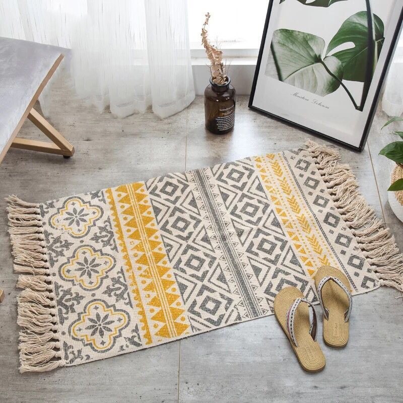 60*90cm retro boheme håndvævet bomuld linned tæpper kvast sengekant tæppe geometriske gulve måtter soveværelser boligindretning: 1