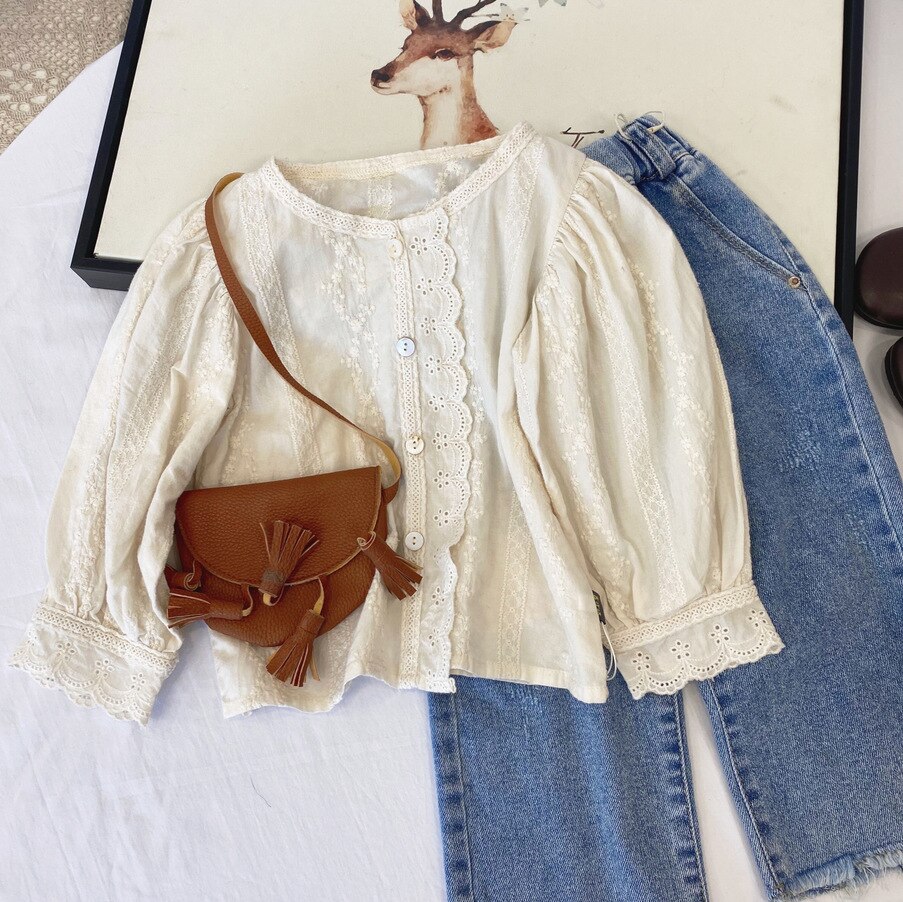 2022 Spring Girls Long Sleeve Lace Floral Blouses Kids Korean Blouses