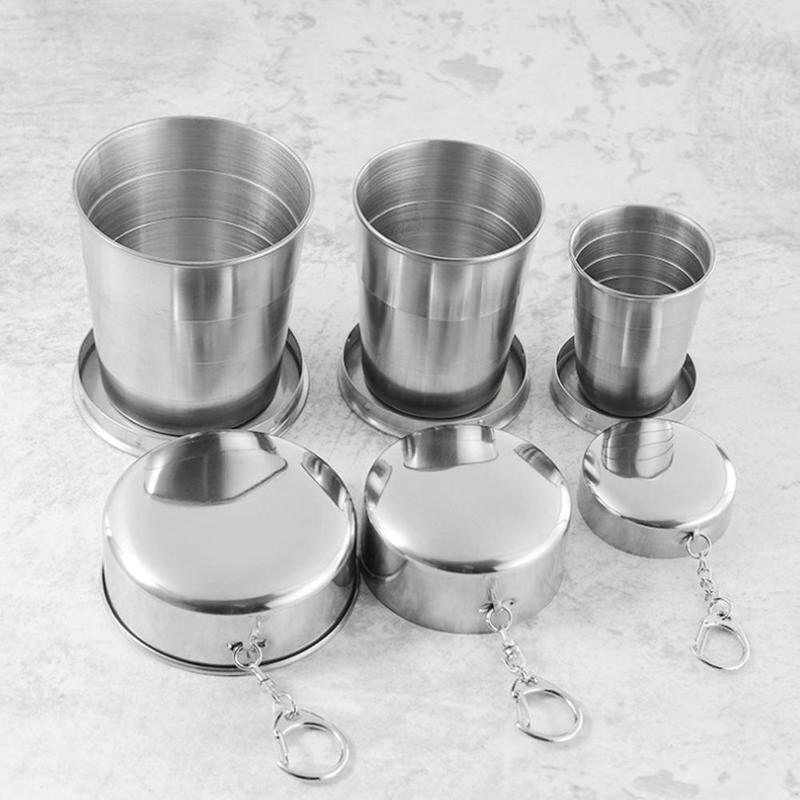 Stainless Steel Cup Outdoor Camping Travel Folding Demountable Cup Collapsible Metal Cup Keychain 75ml/150ml/250ml Wine Wit A5B9